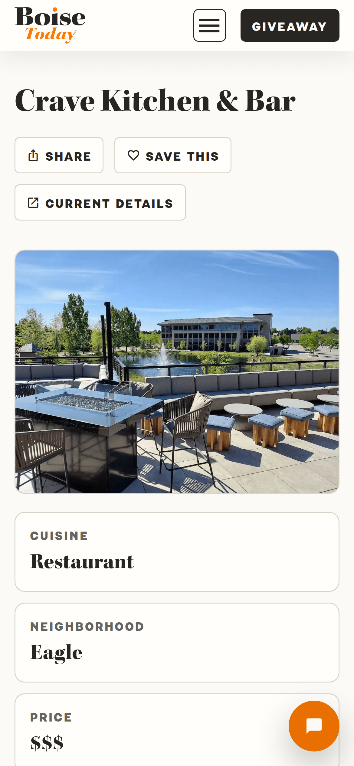 iPhone-sized light mode screenshot of the Boise Today page for Crave Kitchen & Bar.