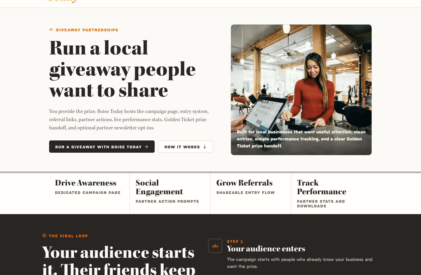 Screenshot of a Townwell-powered local giveaway page showing prize details, entry actions, and referral sharing.