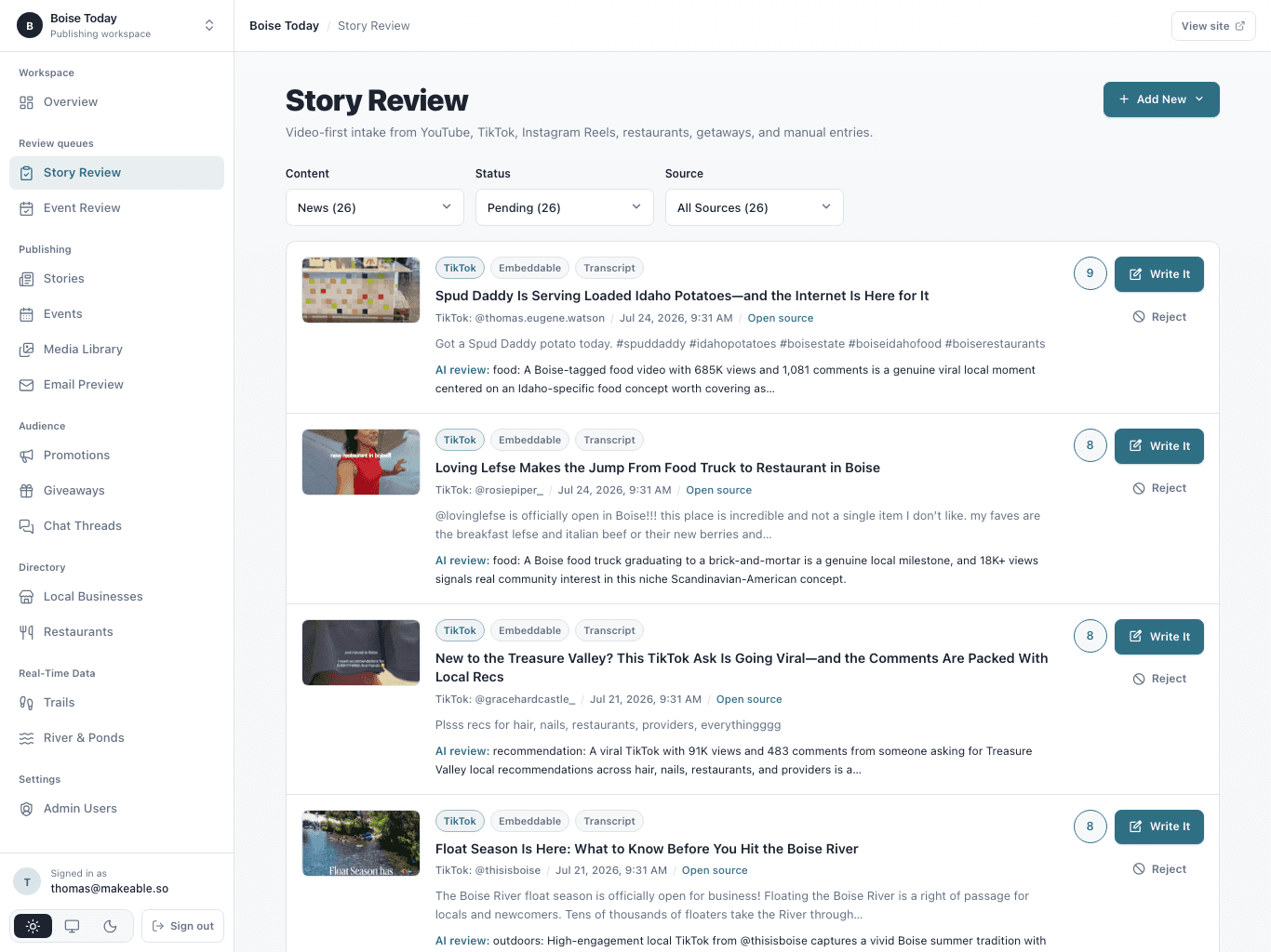Townwell story candidate workflow showing a local content item ready for review.